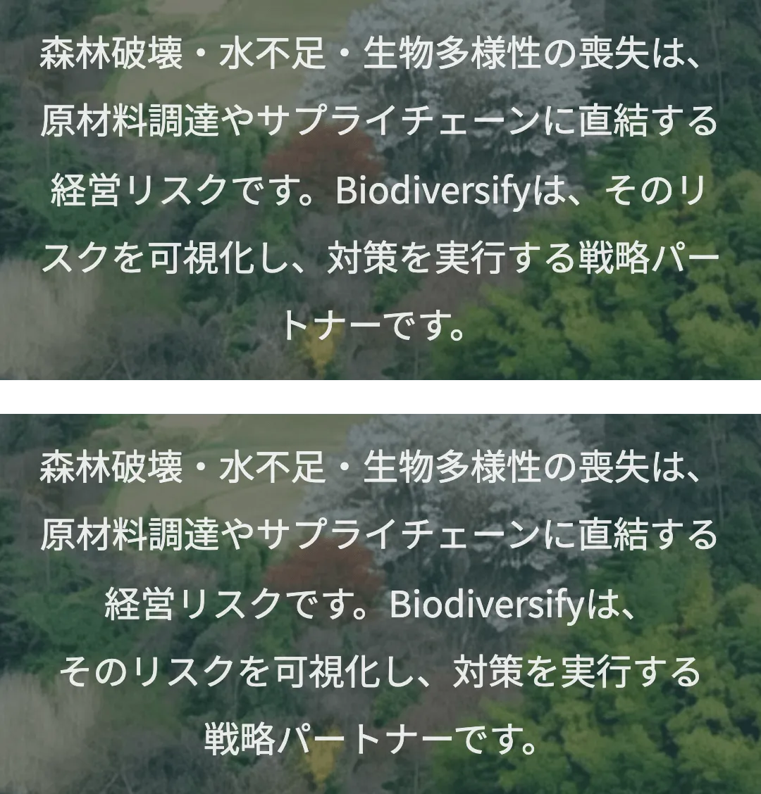 The same Japanese paragraph from the home page, twice, at phone width. In the first, two lines end partway through a word; in the second, every line ends between phrases