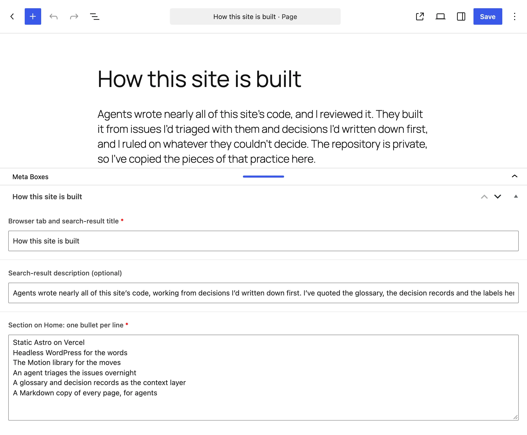WordPress’s editing screen for this page: its title and opening paragraph, and under them three fields, for the browser tab and search-result title, the search-result description and the section on Home, which holds its six bullets one per line. Two are marked required.