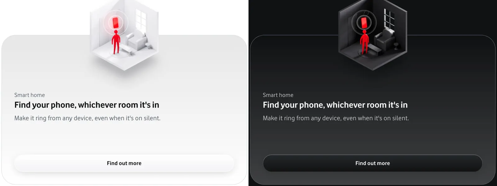 The same card twice, headed “Find your phone, whichever room it’s in”, on a light background and on a dark one. Its illustration, a red figure in a small room with a phone ringing above them, is drawn white in the first and dark grey in the second